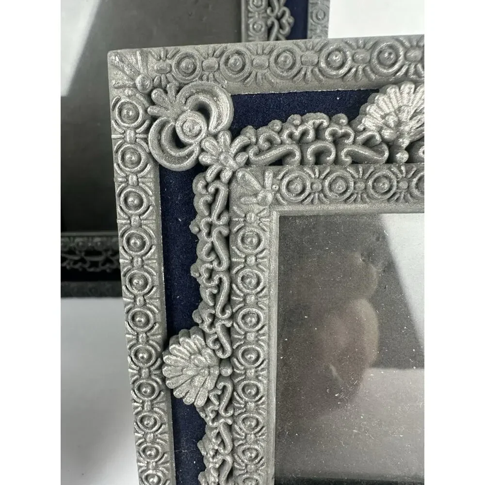 Vintage Art Nouveau Pewter And Blue Felt Portrait Photo Frames Set Of 3
